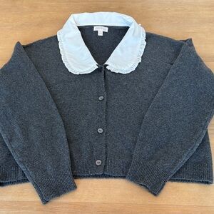 Riley & Rae Charcoal Cardigan with White Cotton Collar.